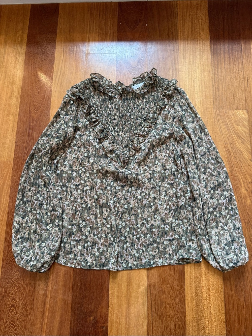 Zara Olive Floral Smocked Ruffle Blouse